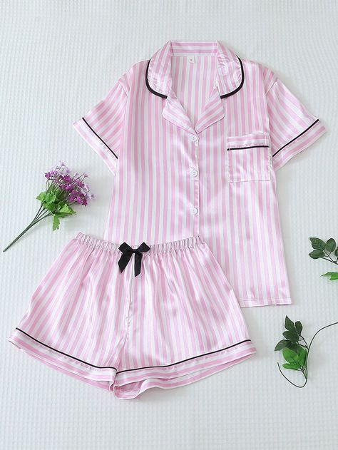 2pcs Satin Pajama Set With Short Sleeve Collared Shirt And Bow Tie Striped Shorts For Women, Summer LoungewearI discovered amazing products on SHEIN.com, come check them out! Silk Pjs Pink, Shein Pajama Set, Cute Pajama Sets For Women, Pjs Preppy, Pijama Shein, Coquette Pajamas, Short Sleeve Collared Shirt, Pink Pjs, Summer Loungewear