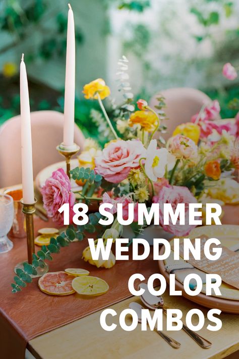 Summer Wedding Colorful, Summer Theme Wedding Ideas, Summer Wedding Pallets Color Schemes, Best Summer Wedding Colors, Wedding Colors 2024 Summer, 2024 Wedding Colors Summer, Summer Garden Wedding Color Palette, Wedding Color Theme 2025, Colourful Summer Wedding