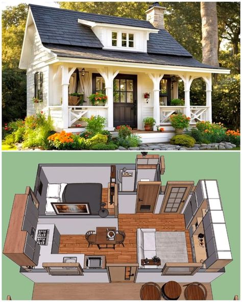 Tiny House Two Bedroom, Tiny Home Layout, Tiny Home Community, Lake Property, Wohne Im Tiny House, Hall House, Small Cottage Homes, Sims 4 House Plans, A Small House