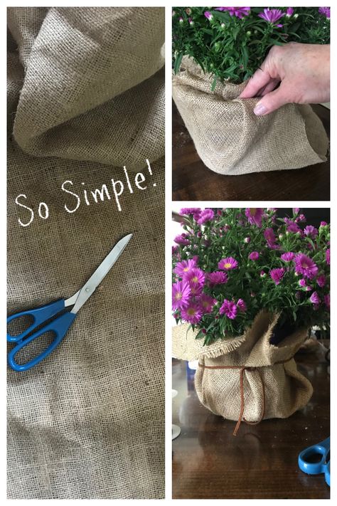 Burlap Flower Pot Covers, Diy Pot Covers Plants, Burlap Planters Diy, Covering Flower Pots With Fabric, Burlap Pots Cover Diy, Burlap Plant Pot Cover, Burlap Covered Flower Pots, Cover Plastic Pots, Burlap Wrapped Pots