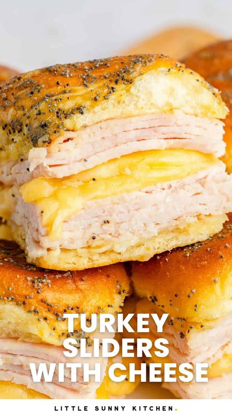 Warm and cheesy turkey sliders with cheese on buttery sweet Hawaiian rolls are irresistibly delicious, and perfect for dinner or parties. Sliders Recipes Turkey, Hawaiian Roll Sandwiches, Cheesy Turkey, Sliders Recipes Hawaiian Rolls, Easy Slider Recipes, Easy Slider, Little Sunny Kitchen, Ham And Cheese Sliders, Hawaiian Roll Sliders