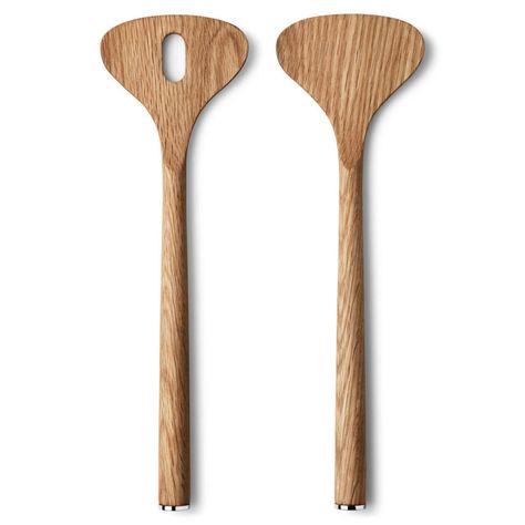 7.09 inches high. Constructed from oak wood and stainless steel. Finished in natural brown and silver polish. Sold as a pair. Includes 2 serving spoons. Kitchen Towel Holder, Salad Serving Set, Wooden Utensils, Stainless Steel Plate, Serving Utensils, Kathy Kuo Home, Georg Jensen, Salad Servers, Serving Set