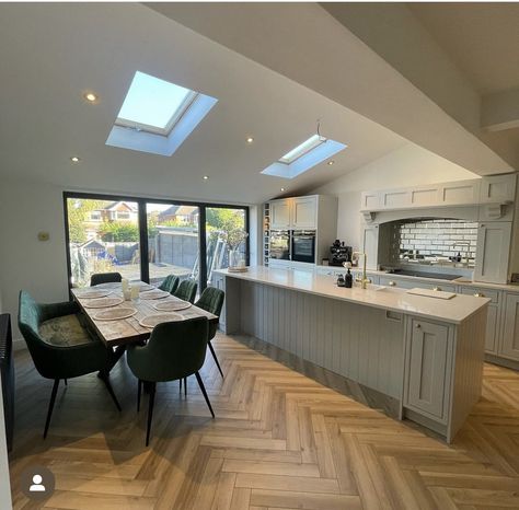 Herringbone Wood Floor, Curated Kitchen, Open Plan Kitchen Living Room, Conservatory Kitchen, Two Tone Kitchen, Kitchen Looks, Kitchen Diner Extension, House Extension Plans, Open Plan Kitchen Diner