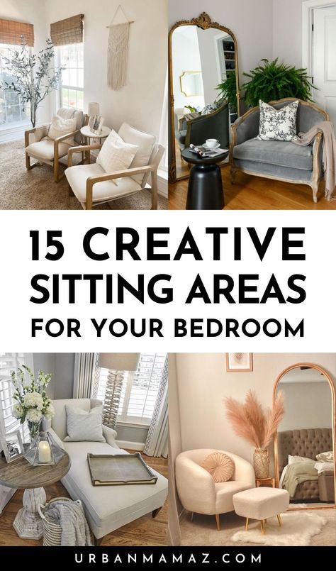 Looking for sitting areas for your bedroom? Check out these 15 creative master bedroom sitting area ideas. Bedroom Window Seating Ideas, Bedroom With Chaise Lounge Master Suite, Three Chair Sitting Area, Sofa In Bedroom Aesthetic, Main Bedroom Sitting Area, Lounge Space In Bedroom, Sitting Bedroom Ideas, Hallway Sitting Area Ideas, Primary Bedroom Sitting Room