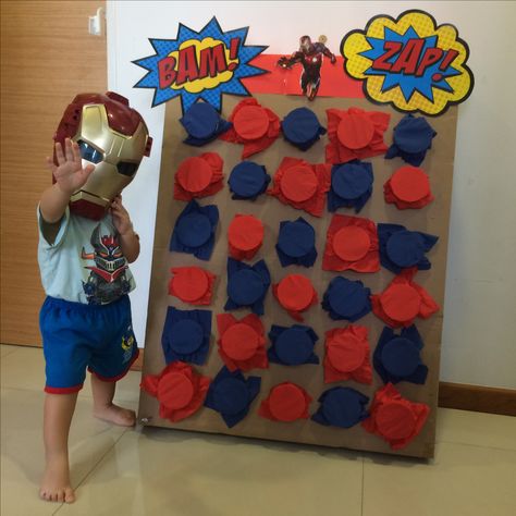 Diy Superman Party Decorations, Punch It Game, Iron Man Games Birthday Parties, Iron Man Party Games, Avengers Birthday Party Games, Spiderman Birthday Games, Iron Man Birthday Party Ideas, Super Hero Birthday Party Ideas, Iron Man Birthday Party