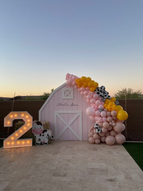 Farm Party Kids, Christmas Balloon Arch, Pink Barnyard Party, Pink Farm Party, Barn Birthday Party, Gingerbread House Party, Girls Farm Birthday, Rainbow Birthday Decorations, Gingerbread House Parties