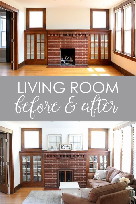 Check out this before and after of a 1925 living room update. Still a work in progress, but getting a little better every day | 1920s home | 1920s living room | mantle with built in book cases | craftsman home living room | Crazy Together blog Updating 1920s Home, 1910 Living Room, Old House Living Room Ideas, 1920 Dining Room, Old Home Living Room, Small Craftsman Living Room, Living Room Old House, Craftsman Bungalow Living Room, 1920 House Interior Ideas