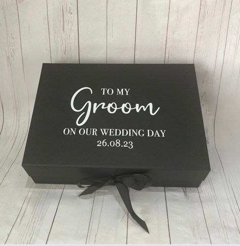 Lovely personalised Groom magnetic gift box with ribbon- Groom gift box - Can have any wording - Groom gifts, Groomsmen gifts, Groomsmen proposal, Best man gift - personalised gift - made to order. Perfect Groom - Groomsman - Groomsmen - Best Man - Father of the bride - thank you gift. Alternative to Groom box/ Groomsmen box/boxes.  These groom boxes measure;  Medium - (a5) 23 x 17 x 7cms Large - (a4) 31 x 22 x 10cms  Personalised Groom box with ribbon is available in white, black, pink or Kraft Wedding Day Present For Bride, Present For Groom From Bride, Groom Gift Ideas From Bride, Wedding Present For Husband, Gift Ideas For Groom From Bride, Grooms Proposal Ideas, Gifts For The Groom From The Bride, Groom Box From Bride, Grooms Gifts From The Bride