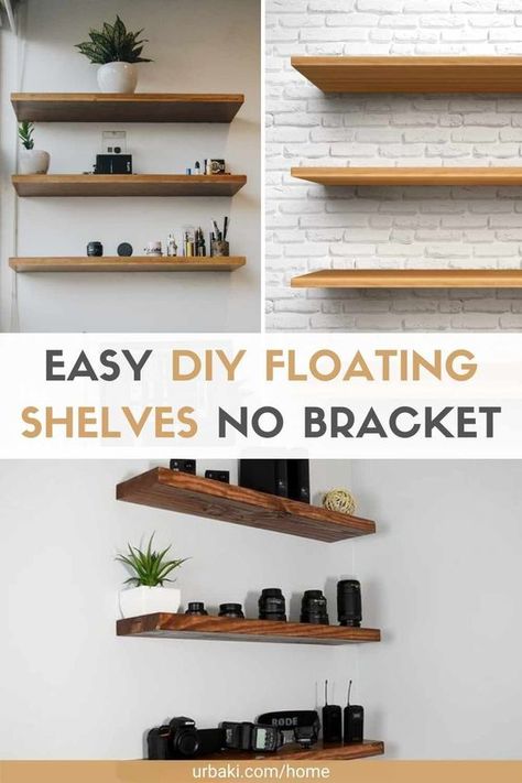 How To Make Rustic Floating Shelves, Adhesive Floating Shelves, How To Make A Floating Shelf Diy, No Drill Floating Shelves, Diy Small Floating Shelves, Floating Shelves Tutorial, Easy Diy Display Shelves, Diy Floating Book Shelves, Easy Diy Floating Shelves