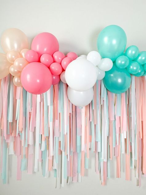 Plastic Tablecloth Backdrop | Oh How Charming by Lauren Plastic Tablecloth Backdrop, Peach Balloons, Tablecloth Backdrop, Idee Babyshower, Diy Photo Backdrop, Hawaiian Party Decorations, Diy Baby Shower Decorations, Birthday Balloon Decorations, Diy Birthday Decorations