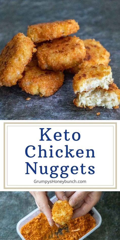 Keto Chicken Nuggets are made with a blend of canned chicken, seasoning, cheese, almond flour, and egg, and they have a light coating of crushed pork rind to give it a crispy exterior. These low carb nuggest are a satisfying alternative to the deep fried chicken nuggets at fast food resturaunts and can be made in the air fryer, oven, or skillet. They have an incredible texture and great flavor. Get this keto chicken recipe and more on Grumpy's Honeybunch website. Keto Chicken Nuggets, Sugar Free Barbecue Sauce, Fried Chicken Nuggets, Chicken Nuggets Recipe, Can Chicken Recipes, Chicken Keto, Chicken Nugget Recipes, Nuggets Recipe, Boiled Egg Diet Plan