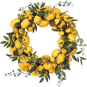 20" Summer Wreath - FLOROAD Handcrafted Faux Yellow Lemon Wreath - Summer Decoration for Home Door Wall Window Porch Mantel Window Porch, Summer Wreath For Front Door, Lemon Wreath, Summer Harvest, Porch Wall, Window Signs, Home Door, Lemon Decor, Wall Window