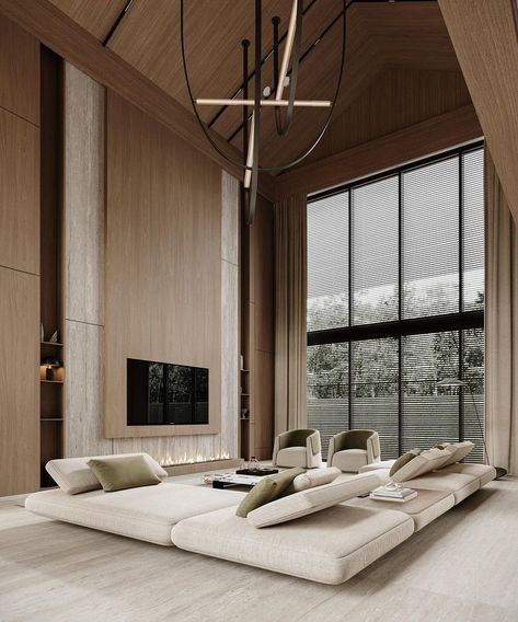 Design • Instagram Double Height Living Room, Oak House, High Ceiling Living Room, Living Tv, Double Height, Home Entrance, Luxury Living Room Design, Casa Exterior, 아파트 인테리어