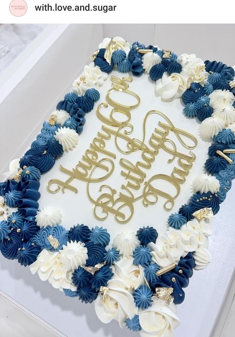 Blue And White Sheet Cake, Rectangle Cake Designs For Men, Blue Birthday Cake For Men, Royal Blue Birthday Cake, Blue Sheet Cake, Sheet Cake Designs Birthday, Square Cake Designs, White Sheet Cakes, 65 Birthday Cake