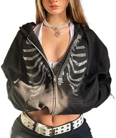 Women's Y2k Zip Up Hoodie Aesthetic Graphic Hooded Sweatshirt Rhinestone Skeleton Pullover E-Girl 90s Streetwear Jacket Rhinestone Skeleton, Hoodie Skeleton, Grunge Sweatshirt, Hippie Women, Skeleton Pattern, Japanese Jacket, Lady Jacket, Skeleton Hoodie, Black Zip Ups