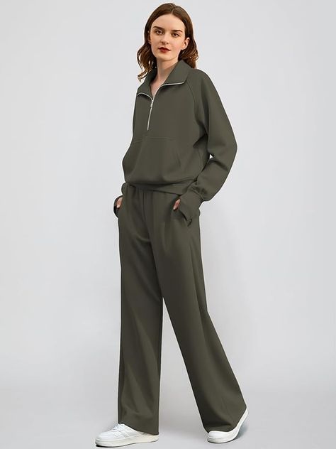 Amazon.com: Casly Lamiit Womens Two Piece Outfits 2024 Fashion Half Zip Sweatshirt Wide Leg Sweatpant Lounge Matching Set Activewear Travel Clothes Fall Spring Set Sweatsuit Tracksuit White S : Clothing, Shoes & Jewelry Comfy Work From Home Outfits, Tracksuit Outfit Women, Wide Leg Drawstring Pants, Winter Pjs, Tracksuit Outfit, Clothes Fall, Travel Clothes, Sweatsuit Set, Green I