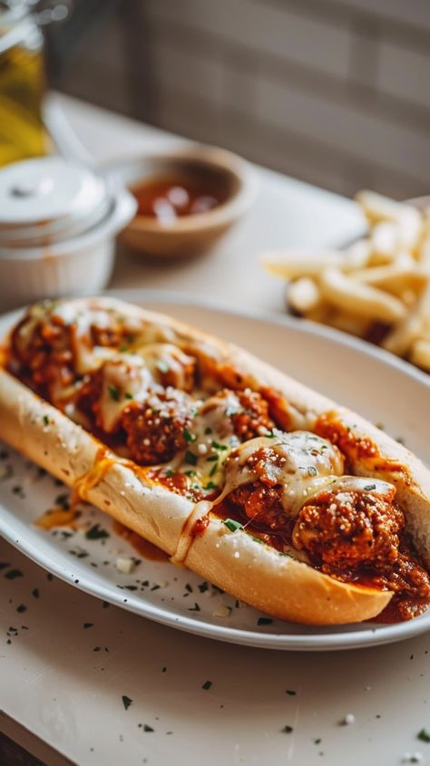 Skip the sandwich shop and sink your teeth into these homemade Italian meatball sub sandwiches. They're hearty, saucy, and insanely easy to make. Meatballs Subs Sandwiches, American Food Recipes Dinners, Hoagie Sandwich Recipes, Hogie Subs, Sandwich Fillings Ideas, Meaty Sandwiches, Italian Meatball Sandwich, Italian Wraps, American Diner Food