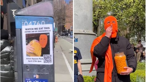 Cheeseball Man, an anonymous man in an orange mask, invited the public to watch him eat an entire jar of cheese balls in NYC's Union Square. Union Square Nyc, Cheese Balls, Union Square, Cheese Ball, The Public, Funny Pictures, Cheese, Mask, Square