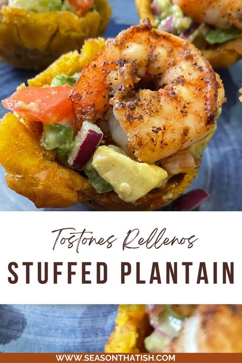 stuffed fried plantain or tostones rellenos with shrimp and avocado. Caribbean appetizer idea Caribbean Appetizer Recipes, Stuffed Plantain Recipes, Tostones With Shrimp, Carribean Appetizers, Plantain Cups With Shrimp, Caribbean Party Food, Plantain Cups Recipes, Latino Appetizers, Haitian Appetizers For Party