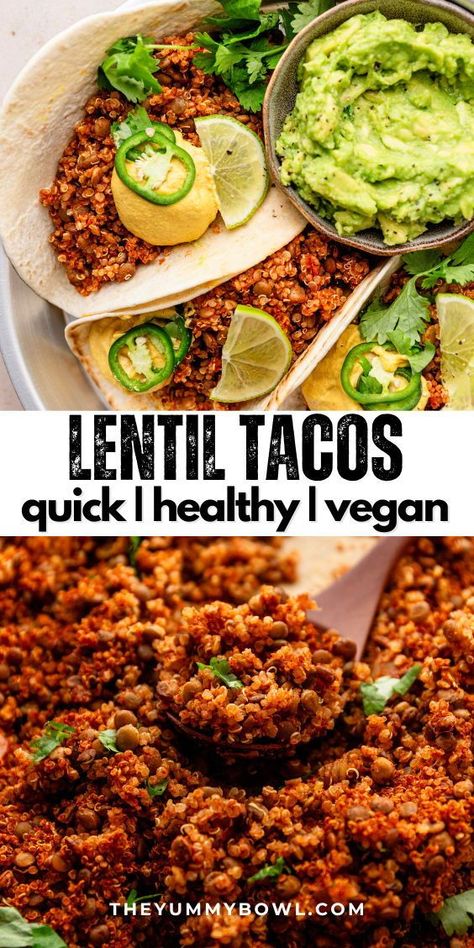 Get ready to fall in love with these vegan lentil tacos from The Yummy Bowl! These beauties are crafted with wholesome plant-based goodness - spices, kale, and juicy tomatoes - all topped off with a heavenly vegan cheese sauce. And let's talk about the taco "meat", it's nut-free, wonderfully chewy, and loaded with protein, making it the perfect meat alternative. Get ready to enjoy a deliciously satisfying taco experience that's sure to leave you smiling! Lentil Meat, Vegan Taco Meat Recipe, Lentil Tacos Recipes, Meat Tacos, Cashew Queso, Vegan Lentil Recipes, Vegan Tacos Meat, Lentils Vegan, Vegan Protein Recipes