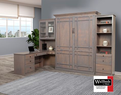 The Oxford Wallbed, new at Wallbeds "n" More. I'm so in love with this murphy bed style and it looks gorgeous in the weathered gray! Murphy Bed Office, Best Murphy Bed, Bookshelf Bed, Murphy Bed Ikea, Murphy Bed Desk, Modern Murphy Beds, Murphy Bed Plans, Murphy Bed Diy, Wood Bedroom Furniture