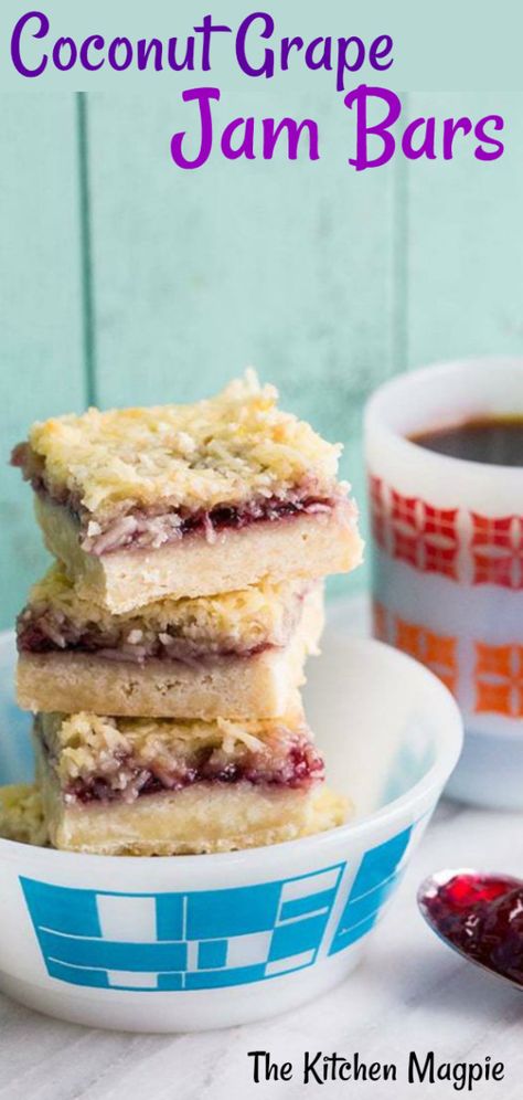 Coconut Grape Jam Bars Raspberry Coconut Bars, Grape Jam Recipe, Grape Dessert, Pineapple Jelly, Jam Bars, Bread Bar, Coconut Jelly, Jelly Desserts, Jelly Cookies