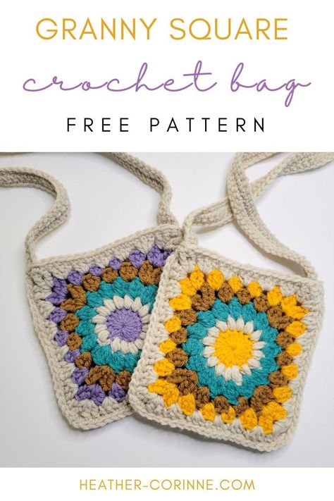 The Crochet Granny Square Bag is a free pattern here on my blog! This quick pattern uses a 'starburst' granny square to create a handmade, boho purse. Below you'll find the free pattern. Square Purses Handbags, Crochet Hippy Bag Pattern, Crochet Square Purse Pattern, Cool Granny Squares Handbags, Sunflower Granny Square Bag Pattern Free, Granny Square Sling Bag Pattern, Crochet Crossbody Bag Granny Square, Crochet Mandala Bag Free Pattern, Rainbow Granny Square Bag