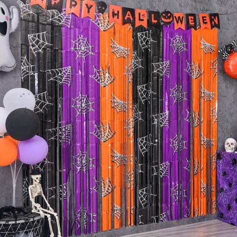 PRICES MAY VARY. 🎃【HALLOWEEN THEMED PARTY BACKDROP】Orange purple black Halloween foil curtains are made of premium spiderweb foil fringe curtains in Halloween-themed colors and a sparkly finish as a photo booth backdrop—perfect decoration for Halloween parties. 🔮【PACKAGE INCLUDES】 2 packs of spiderweb metallic tinsel curtains with extra large size (width x drop) 3.3 x 6.6 ft each, perfect for greeting trick-or-treaters and party guests with Halloween curtains hung around the front door or in t Halloween Back Drops Photo Backdrops, Halloween Party Backdrop Photo Booths, Halloween Photoshoot Backdrop, Halloween Backdrop Photobooth, Halloween Photo Booth Ideas, Halloween Backdrop Ideas, Halloween Party Photo Backdrop, Backdrop Streamers, Halloween Booth