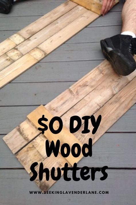 Dyi Shutters Exterior, How To Make Window Shutters Diy, Farmhouse Shutters Exterior Diy, Simple Shutters Diy, Instead Of Shutters Exterior, Rustic Window Shutters Exterior, Long Shutters Exterior, Green House Wooden Shutters, Homemade Shutters For Windows