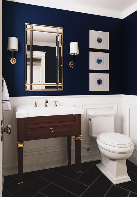 Apartment Decorating For Men, Mens Apartment, Bathroom Paint Color Ideas, Bathroom Paint Color, Blue Bathroom Walls, Bachelor Pad Decor, Dark Blue Bathrooms, Mens Bathroom, Man Bathroom