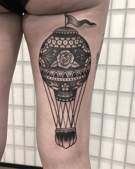 Hot Air Balloon Tattoo, Air Balloon Tattoo, Balloon Tattoo, Card Tattoo Designs, Peony Tattoo, Chic Tattoo, Vintage Hot Air Balloon, Peonies Tattoo, Line Work Tattoo