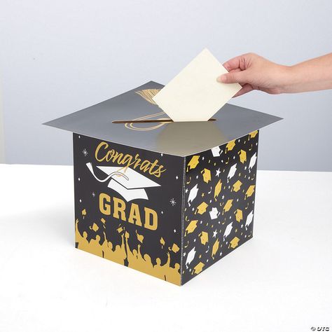 Add this clever card box to your graduation party supplies must-haves! Both functional and decorative, this card box gives graduation party guests a secure ... Graduation Party Card Box Ideas, Grad Party Card Box Ideas, Graduating Elementary School, Graduation Cap Card, Party Card Box, Graduation Card Box, Grad Decor, Graduation Card Boxes, Trunk Party