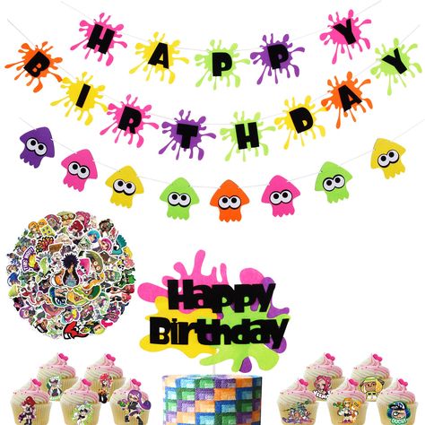 PRICES MAY VARY. Felt UNFORGETTABLE SPALTOON THEME PARTY PACKAGE -- Perfect for birthday party, splatoon theme party, paint splash decorations and gamer celebration, etc. The set is suitable for all ages. UNIQUE DESIGN SPLATOON THEME BIRTHDAY BANNER & TOPPER -- Spaltoon element and coloful design for our party and made of reuseable felt. SPLATOON STICKERS - Value pack for 50 pcs colorful stickers. Each guest can pick their favorite sticker and decorate everywhere. PRE-ASSEMBLED BIRTHDAY BANNER - Splatoon Birthday Party Ideas, Splatoon Birthday Party, Squid Painting, Splatoon Stickers, Splatoon Party, Splatoon Birthday, Bday Banner, Slime Birthday, Simple Birthday Party