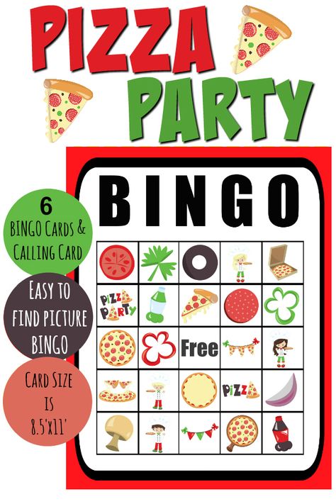 Free Printable Pizza Party Bingo Cards Pizza Bingo Free Printable, Pizza Activities For Preschool, Pizza Activities, Pizza Party Games, Pizza Party Decorations, Kids Pizza Party, Printable Pizza, Pizza Party Birthday, Birthday Pizza