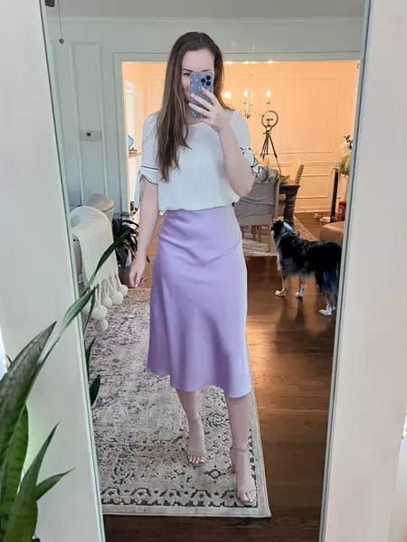 Lavender Skirt And Top, Lilac Skirt Outfits, Lavender Skirt Outfit, Satin Midi Skirt Outfits, Satin Midi Skirt Outfit, Stylish Modest Outfits, Lilac Satin Dress, Modest Work Outfits, Sunday Best Outfit