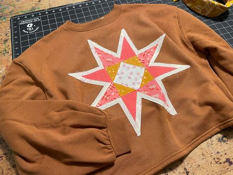 Make your own Quilt Block Star Sweatshirt — She Makes Joy Quilt Block Sweatshirt Diy, Sweatshirt With Quilt Block, Quilt Block On Sweatshirt, Quilt Square Sweatshirt, Quilt Patch Sweatshirt, Quilt Applique Sweatshirt, Quilt Block Sweatshirt, Quilt Sweatshirt, Welding Cap Pattern