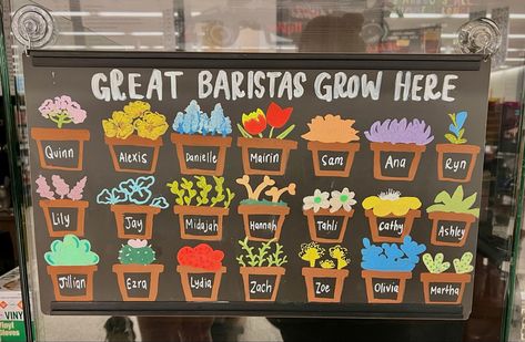 Barista Appreciation Ideas, Starbucks Barista Board Ideas, Starbucks Employee Board, Barista Of The Month Board, Starbucks Chalk Signs, Meet Your Barista Board, Barista Board Ideas, Starbucks Summer Chalkboard Art, Spring Starbucks Chalkboard Art