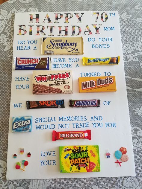 Candy board 70th birthday laughs gift 70th Birthday Sign Ideas, 70th Birthday Party Ideas At Home, 70 Birthday Cards For Men, Funny 70th Birthday Ideas Gag Gifts, Turning 70 Birthday Ideas, 70th Birthday Ideas For Mom Gift, 70th Bday Party Ideas For Dad, 70th Birthday Ideas For Mom Theme Parties, 70th Birthday Gift Ideas For Dad