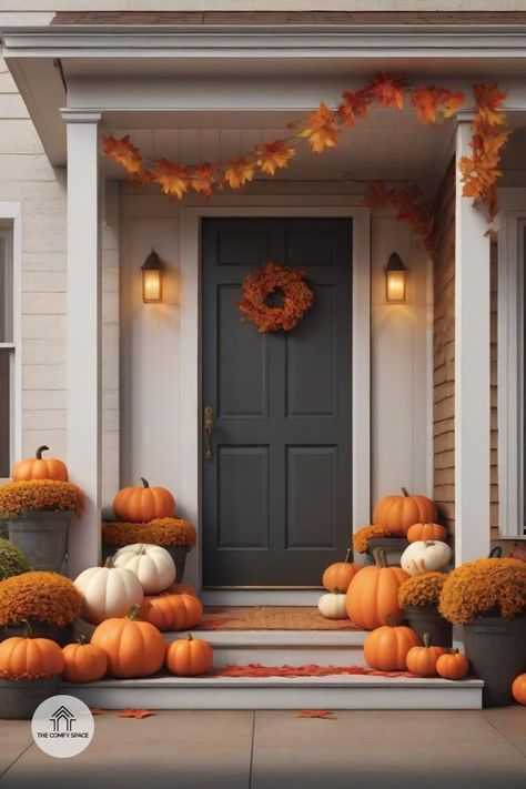 Transform your porch into a fall haven with these charming pumpkin decor ideas. Perfect for welcoming guests this season!#FallDecor #PumpkinDecor #PorchStyle #AutumnVibes #HomeDecor Pumkin Decoration For Porch, Pumpkin Porch Decor, Pumpkin Decor Ideas, Pumpkin Porch, Fall Porches, Pumkin Decoration, Porch Styles, Porch Pumpkins, Pumpkin Decor