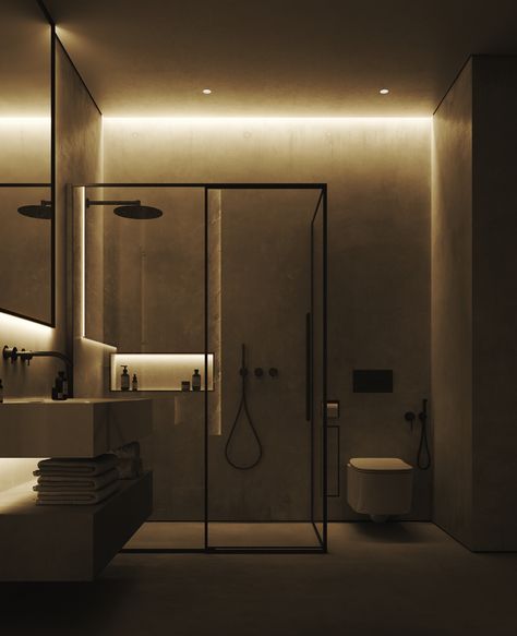 LIGHT BATHROOM DESIGN :: Behance Bathroom Floor Lights, Bathroom Low Light, Shower Cabin Design, Dim Bathroom Lighting, Shower With Lights, Shower Cove Lighting, Small Apartment Black Decor, Lightning Bathrooms, Big Bathroom Interior Design