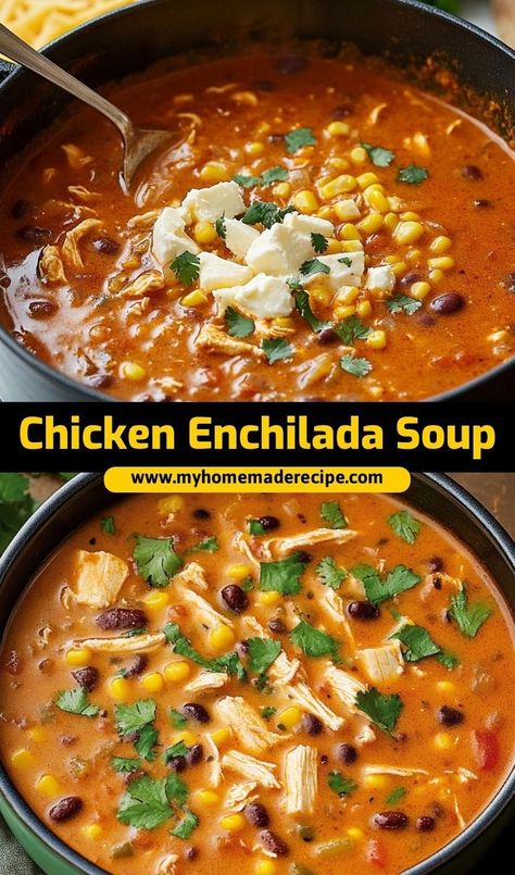 This chicken enchilada soup is the best soup for a comforting, flavorful meal. Packed with chicken and enchilada flavors, it’s the ultimate soup for a cozy dinner or fall night Mexican Enchilada Soup, Best Chicken Enchilada Soup, Chicken Enchiladas Soup, Chicken Enchalada, Enchilada Soup Crockpot, Enchiladas Soup, Cozy Fall Meals, Enchilada Chicken Soup, Crockpot Chicken Enchilada Soup