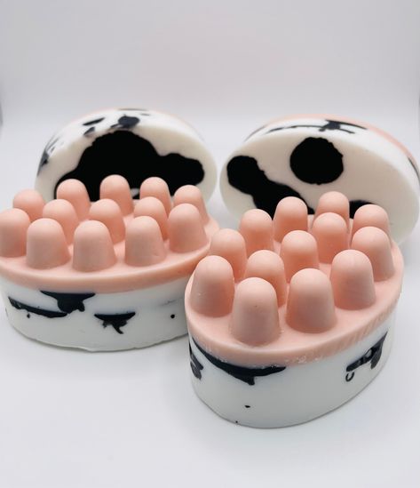 "Looking for a unique gift? Look no further than the Sudsy Cow Massage Soap Bar! With its fun cow print, this soap is perfect for family, friends, or even yourself. Each soap bar will arrive in a pretty white organza bag with a label included.  Want to make it even more special? We'll add a personalized tag with your message to each bar. Don't miss out on this \"udderly\" fantastic gift option! Please add your gift tag message in the personalization box at checkout. Handmade with all-natural ing Massage Bar Soap, Massage Soap, Soap Design Ideas, Massage Bar, Goats Milk Soap Base, Easy Soap Recipes, Handmade Soap Recipes, Pretty Soap, Massage Bars