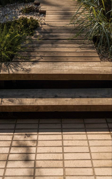 Bungalow Landscaping, Wooden Pathway, Clay Pavers, Landscape Pavers, Wooden Path, Landscape Steps, California Plants, Outdoor Pavers, Pathway Landscaping