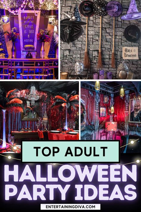 Top Adult Halloween Party Ideas Witch Theme Party Decoration, Halloween Garage Party, Witch Party Ideas For Adults, Halloween Adult Party Ideas, Adult Halloween Party Ideas Decoration, Harry Potter Party Theme, Halloween Party Ideas For Adults Theme, Halloween Party Themes For Adults, Halloween Scene Setters