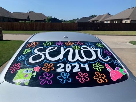 High School Car Decorating, Just Graduated Car Paint, Car Window Decorations For Graduation, Car Paint Ideas Window, Car Decorating Ideas For Graduation, Graduate Car Decoration, Graduation Window Paint Ideas, Class Of 2024 Car Decorating, Senior Writing On Car Windows