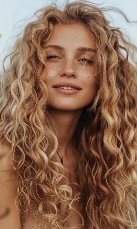 Warm Blonde Curly Hair, Long Blonde Curly Hair, Blonde Hair Goals, Strawberry Blonde Hair Color, Blonde Curly Hair, Colored Curly Hair, Honey Blonde Hair, Strawberry Blonde Hair, Blonde Hair Looks