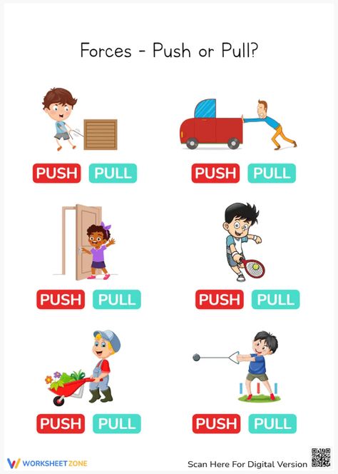 Push the boredom away and pull your interest in science with this worksheet right now! #pushandpull #pushorpull #science #worksheets #freeprintables #forces #push #pull #kidsactivities #scienceactivities #choosing #identifying #pushpullworksheet Push And Pull Activities For Preschool, Push And Pull Worksheets, Push And Pull Activities, 5th Grade Science, Push And Pull, Pushes And Pulls, Science Worksheets, Science Activities, 5th Grades