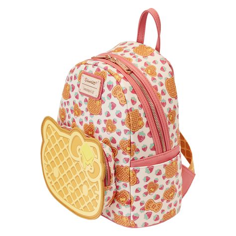 Mix up the recipe for a look that’s too sweet to eat! The Loungefly Hello Kitty Breakfast Waffle Mini Backpack has transformed this adorable friend into a tasty breakfast treat. Taking shape on the bag’s front zipper pocket, Hello Kitty appears as a waffle with a three-dimensional cube of butter on her bow. Up above, an allover print of Hello Kitty-themed waffles appears on a background of super cute strawberries. Be careful not to drool as you sniff the bag’s waffle-scented details! Glitter trim appears along the side pockets and shoulder straps to tie the look together. Whether you’re on your way to brunch or planning a home-cooked meal, this mini backpack is the perfect menu item for a fashionable serve.The Loungefly Hello Kitty Breakfast Waffle Mini Backpack is made of vegan leather (p Sanrio Loungefly Backpack, Hello Kitty Breakfast, Kuromi Items, Waffle Mini, Sanrio Backpack, Loungefly Hello Kitty, Loungefly Backpack, Cute Mini Backpacks, Breakfast Waffles