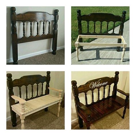 Benches Out Of Headboards, Diy Bench From Headboard, Benches Made Out Of Headboards, Headboard Upcycle Repurposed, Headboard And Footboard Ideas, Benches From Headboards, Benches Made From Headboards, Bench Made From Headboard, Old Headboard Ideas