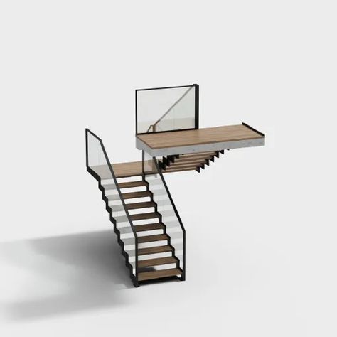 Industrial style staircase with brown treads and black metal. #Scale_Models_Architecture #Staircase_Model_Making #Interior_Design_Scale_Model #Staircase_Model_Architecture Scale Models Architecture, Interior Design Scale Model, Staircase Model Making, Stairs Model Architecture, Model Staircase, Modern Stilt House, Simple Stairs, Stairs 3d, 3d Stairs